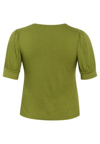 Kortekleurige top in olijfgroen, met gerimpelde schouderdetails en een ontspannen pasvorm. Gladde textuur met een ronde halslijn en een subtiele zoom.
