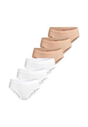 Sæt med seks hipster-style trusser til kvinder i beige og hvid, arrangeret i to stablede rækker på en hvid baggrund.