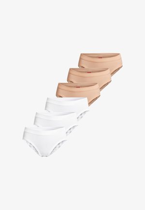 Sæt med seks hipster-style trusser til kvinder i beige og hvid, arrangeret i to stablede rækker på en hvid baggrund.