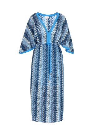 Blue patterned kaftan with a V-neck, flowing sleeves, and a tie belt. Features wavy designs in various shades of blue, with a solid blue trim.