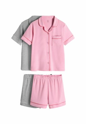Two sets of short-sleeve button-up pajamas with shorts, one pink with red trim and one grey with white trim.