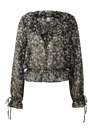Czarna przezroczysta bluzka z długim rękawem w biały kwiatowy wzór, z falbanami przy kołnierzu i na dole, elastyczną talią oraz wiązaniami na rękawach.