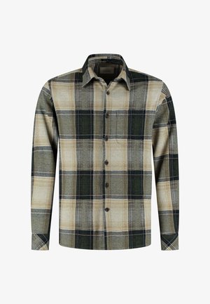 Karierte Button-up-Hemd in Beige, Grün und Schwarz; aus strukturiertem Stoff mit klassischem Kragen und einer Brusttasche.