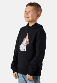 Felpa nera in cotone, con un colorato cartone animato di un bulldog francese che indossa un cappello a cono gelato. Vestibilità classica con polsini e orlo a coste.