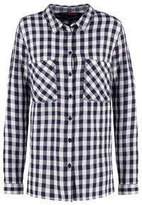 Chemise à manches longues à boutons avec un motif à carreaux bleu marine et blanc, comprenant deux poches poitrine avant et un col classique.