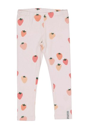 Vaaleanpunaiset taaperon leggingsit, joissa on hajallaan punaisia ja persikanvärisiä mansikkaprinttejä sekä pieni merkkilappu lahkeen reunassa.