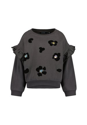 Mørkegrå sweatshirt med lange ærmer og flæse detaljer på ærmerne samt sorte blomsterprints pyntet med skinnende pailletter foran.