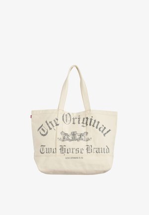 Sac fourre-tout en toile beige avec le texte "The Original Two Horse Brand" et le logo Levi Strauss & Co. imprimé en gris, avec deux chevaux tirant un jean.