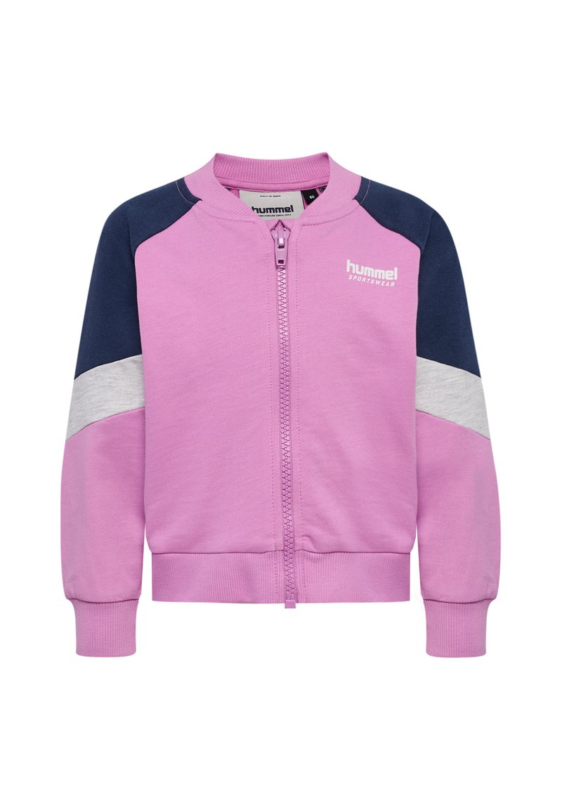 Veste zippée rose avec des manches en accent bleu marine et gris. Présente un col rond et des poignets côtelés. Logo imprimé sur la poitrine.