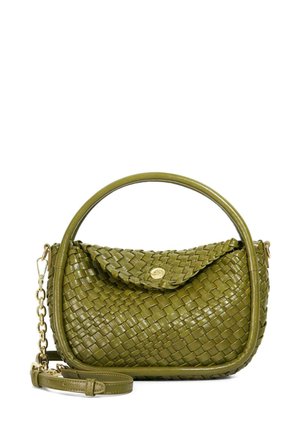 Woven olive green leather handbag with a rounded handle, a flap closure, and a detachable chain strap. Gold-toned hardware accents.
