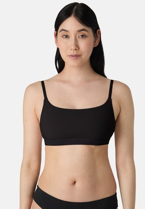 Bralette noir, sans couture, avec des fines bretelles réglables et un décolleté carré. Tissu doux avec une texture lisse, adapté au port quotidien.