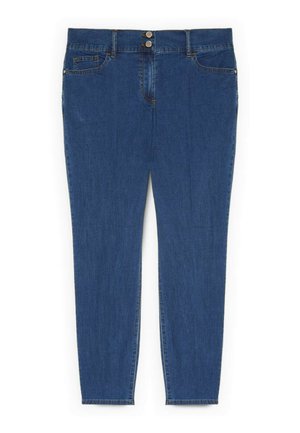 Blauwe denim high-waist skinny jeans met dubbele knoopsluiting, voor- en achterzakken en enkellange zomen.
