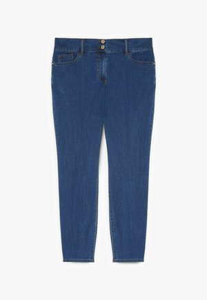 Jean skinny bleu en denim taille haute avec fermeture à double bouton, poches avant et arrière, et ourlets à la cheville.