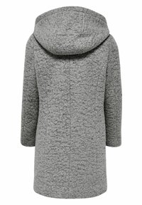 Gråtexturerad ullrock med huva, långa ärmar och rak nederkant, visad bakifrån mot en vit bakgrund.