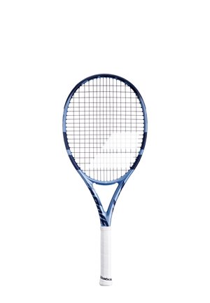 Blåt tennisracket med tekstureret greb, oval hoved og et gittermønster af strenge. Brandlogoet er synligt på grebet.