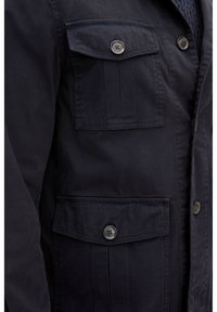 Dunkel marineblaue Jacke mit zwei geknöpften Klappentaschen an der Vorderseite und sichtbaren Nahtdetails am Stoff.