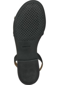 Semelle de chaussure en caoutchouc noir avec un motif texturé et perforé, et un logo GEox. Bords lisses et forme profilée.