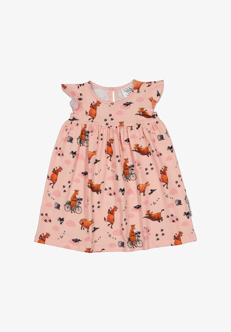 Robe rose à manches courtes pour tout-petit avec des illustrations de vaches orange, certaines faisant du vélo, et des empreintes d'oiseaux noirs dispersées partout.