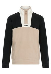 Fleece megztinis su pusiau užtrauktuku; turi kreminės ir juodos spalvų derinius; minkštas paviršius; įtraukti du šoniniai kišeniai ir logotipo ženklelis.