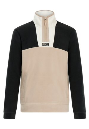 Fleece megztinis su pusiau užtrauktuku; turi kreminės ir juodos spalvų derinius; minkštas paviršius; įtraukti du šoniniai kišeniai ir logotipo ženklelis.