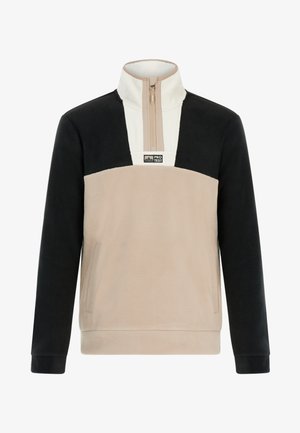 Mikina z fleece látky s polovičným zipsom; obsahuje béžové a čierne farebné bloky; mäkká textura; má dve bočné vrecká a nášivku s logom.