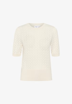 Cremefarbener gestrickter Pullover mit Zickzackmuster, kurzen Ärmeln und Rundhalsausschnitt, weichem Griff und geripptem Saum.