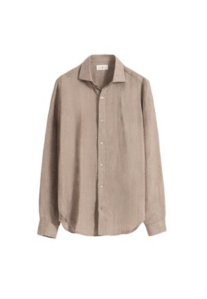 Camisa de lino beige de manga larga con botones en la parte delantera y cuello clásico, mostrada sobre un fondo blanco.