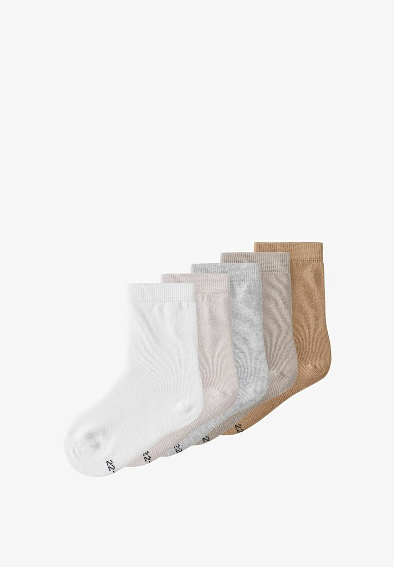 Set of six pairs of short socks in white, light pink, grey, and beige. Features a soft, ribbed texture and elastic cuffs.