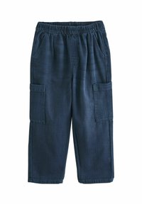 Pantaloni cargo blu scuro con cintura elastica, dotati di due tasche frontali e due tasche laterali in stile cargo, realizzati in tessuto resistente.