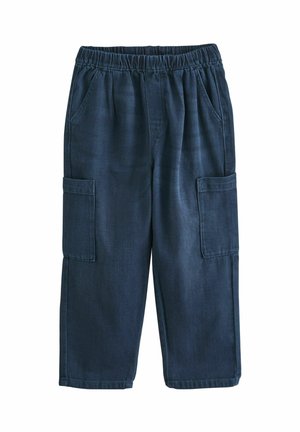 Dunkelblaue Cargo-Hosen mit einem elastischen Bund, versehen mit zwei Vorderaschen und zwei seitlichen Taschen im Cargo-Stil, hergestellt aus robustem Stoff.