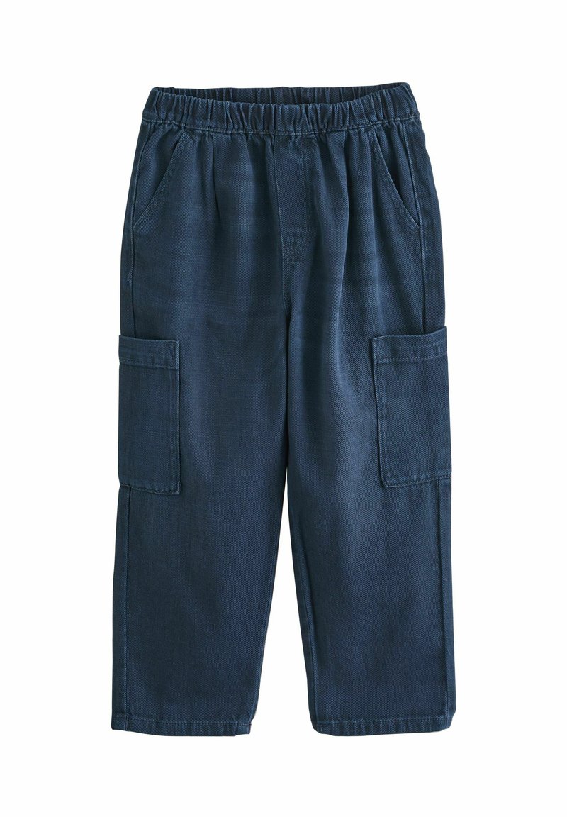 Pantaloni cargo blu scuro con cintura elastica, dotati di due tasche frontali e due tasche laterali in stile cargo, realizzati in tessuto resistente.