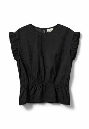 Blusa nera a maniche corte con maniche a volant, scollo rotondo, vita arricciata e chiusura posteriore con bottone e apertura a oblò.
