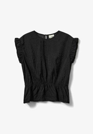 Black short-sleeve blouse with ruffled sleeves, round neckline, gathered waist, and keyhole button closure at the back.