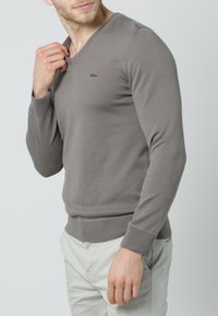 Hellgrauer Pullover mit langen Ärmeln und V-Ausschnitt, mit gerippten Bündchen und Saum, versehen mit einem kleinen navyfarbenen Logo auf der Brust. Glatte Strickstruktur.