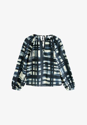 Garām piedurknēm blūze tumši zilā un krēmkrāsā ar pleda rakstu. Izgatavota no viegla auduma ar sapulcinātu kakla izgriezumu un aukliņu detaļu.