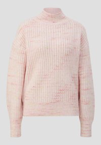 Roze gebreide trui met een hoge hals, voorzien van een gestructureerd patroon en spikkels in het geel en groen. Lange mouwen met een relaxte pasvorm.