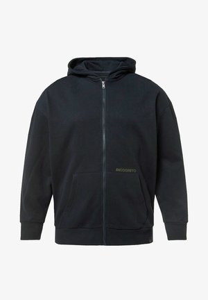 Granatowa bluza z kapturem na zamek błyskawiczny, z kangurzą kieszenią, z zielonym logo "INCognito" z przodu, wykonana z miękkiej mieszanki bawełnianej.