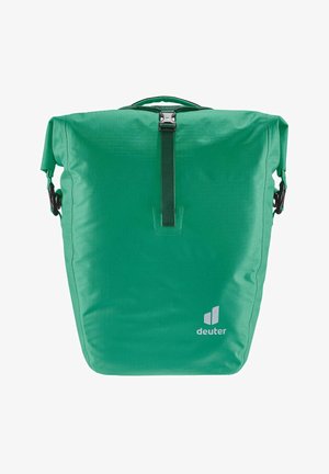 Grüner wasserdichter Rucksack mit Rolltop-Verschluss, verstellbarem Tragegurt und einem Frontlogo. Hergestellt aus strapazierfähigem Stoff mit glatter Textur.