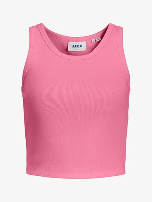 Rosa ribbestrikket ermeløs cropped tanktopp med rund hals og JJXX merke inni kragen.