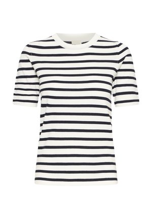 Balta trumparankovė megzta palaidinė su tolygiai išdėstytais horizontaliais juodais dryžiais ir apvaliu kaklu.