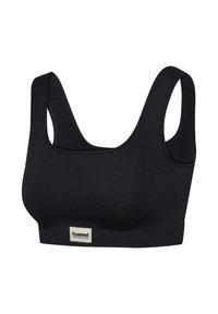 Sujetador deportivo negro de canales con un escote ancho y tirantes gruesos. Presenta una pequeña etiqueta de marca en la parte delantera. Tejido suave y elástico.