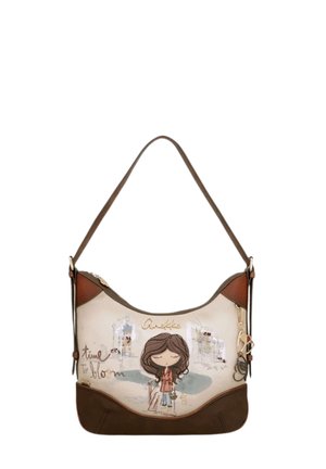 Borsa a tracolla marrone e beige con una ragazza dei cartoni animati che tiene un ombrello, testo "time to bloom," e accenti decorativi del paesaggio urbano.