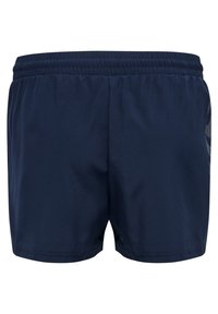 Dunkelblaue Badehose aus leichtem Material mit elastischem Bund und einem geometrischen Muster auf der linken Seite.