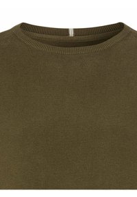 Olivgrüner, gestrickter Pullover mit rundem Ausschnitt und gerippten Bündchen. Die Textur wirkt weich mit einem einheitlichen Muster.
