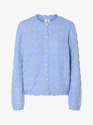 Light blue knitted cardigan with a scalloped neckline, featuring a cable pattern and five pearl-like buttons down the front.