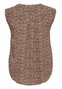 Kwiatowy bezrękawnik z zaokrąglonym dekoltem, plisą z tyłu oraz wielokolorowym małym wzorem kwiatowym na ciemnym tle.