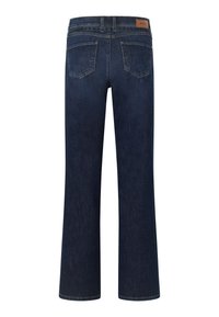 Dunkelblaue, aus Denim gefertigte, ausgestellte Jeans mit hoher Taille, zwei Gesäßtaschen und dezenten Nähten entlang der Säume.