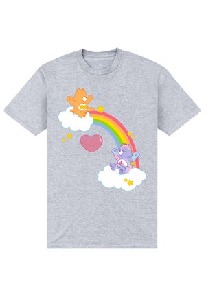 Szara bawełniana koszulka z kolorowymi bajkowymi niedźwiedziami, tęczą, chmurami i gwiazdami. Design zawiera różowe serce i zabawne akcenty.