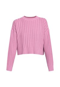 Cropped sweater in light pink, featuring ribbed texture, long sleeves, and a round neckline. Soft knit material with subtle design lines.
