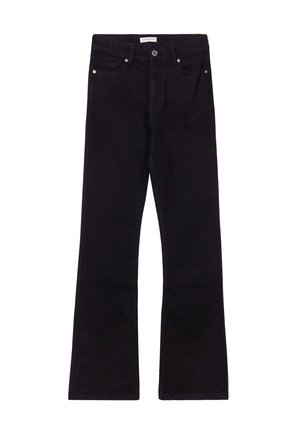 Black flared jeans made of denim, featuring a classic five-pocket design, a button closure, and subtle stitching details.